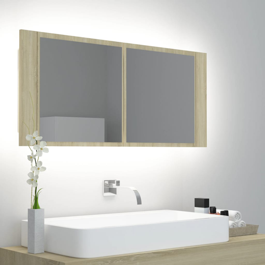 vidaXL Kylpyhuoneen LED peilikaappi Sonoma-tammi 100x12x45 cm akryyli