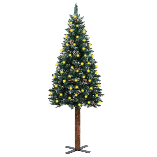 vidaXL Kapea joulukuusi LED-valoilla aito puu ja lumi vihreä 210 cm
