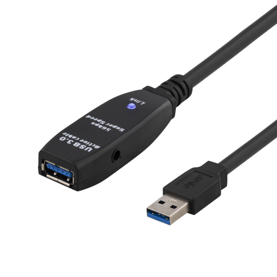 Aktiivinen USB 3.0-jatkokaapeli, Aktiivinen Tyyppi A Uros - Naaras, 5m, Musta