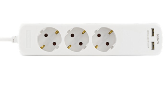 Jatkojohto, 3 X CEE 7/3 -pistorasiaa, 2 X USB-A-porttia, 1 X CEE 7/7 -liitäntä, 1,5 M Kaapeli, Val