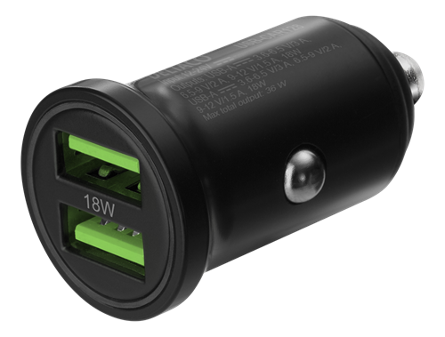 USB-autolaturi, 2 X USB-A, 12/24 V, 36 W, Musta