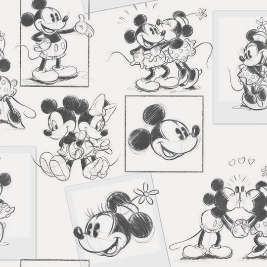 Noordwand Kids at Home Tapetti Mickey and Minnie luonnos mustavalkoinen