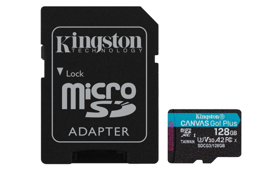 Canvas Go! Plus MicroSDXC-muistikortti, 128 GB, U3- & V30-suorituskyky, Sis. Sovittimen, Musta