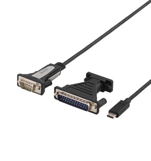 USB-C-sarjaporttisovitin, RS-232, 1 X DE9 Uros, 1 X USB-C Uros, Sis. Sovittimen Rinnakkaisporttia Va