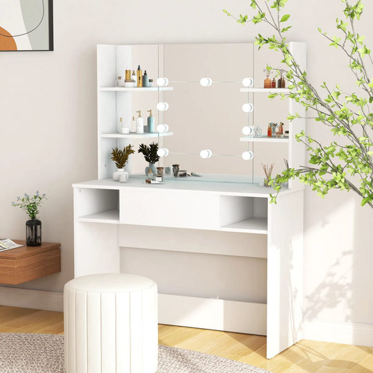 vidaXL Meikkipöytä LED-valoilla 100x40x135 cm MDF valkoinen