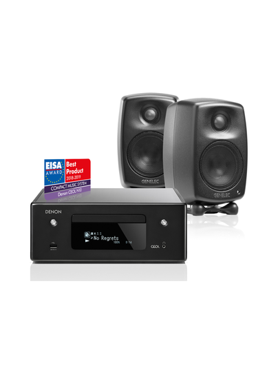 Stereopaketti denon rcd-n10 preout ja 2 kpl genelec g one, musta