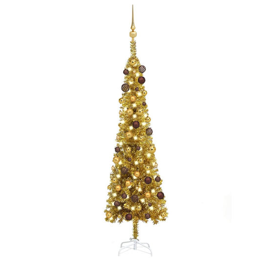 vidaXL Ohut joulukuusi LED-valoilla ja palloilla kulta 150 cm