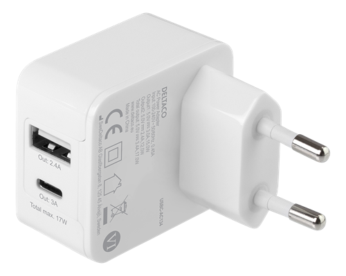 USB-seinälaturi, 1 X USB-A, 1 X USB-C, 17 W, Valkoinen