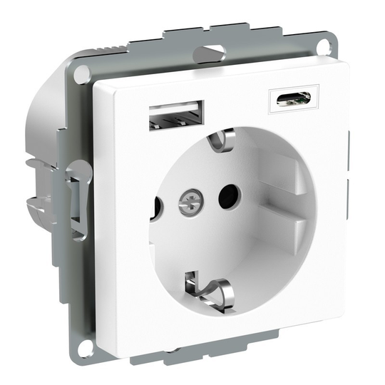 SCHNEIDER ELECTRIC EXXACT 1-PISTORASIA + 2X USB LATAUS A+C 3 A VALKOINEN