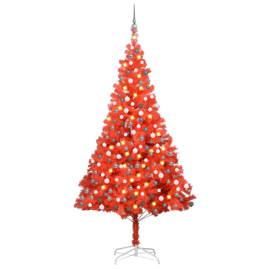 vidaXL Tekojoulukuusi LED-valoilla ja palloilla punainen 210 cm PVC