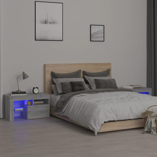 vidaXL Yöpöydät 2 kpl LED-valoilla harmaa Sonoma 70x36,5x40 cm