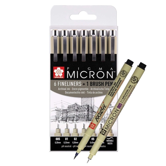 Sakura Pigma Micron Fineliner 6-setti + 1 Brush Pen