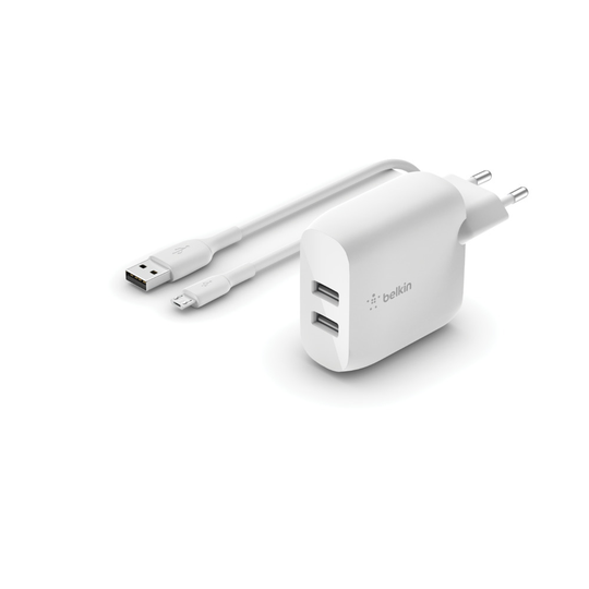 Dual USB-A WallCharg W/1M PVC A-mUSB 24W