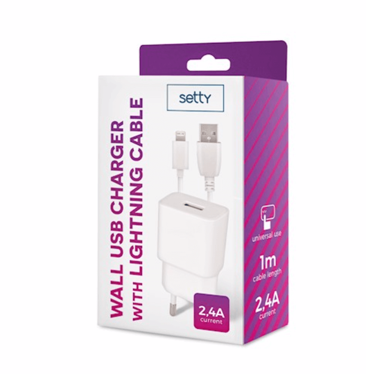 Setty USB-laturi 2 4A + Lightning-kaapeli 1m valkoinen
