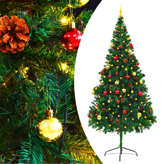 vidaXL Tekojoulukuusi koristeilla ja LED-valoilla vihreä 210 cm