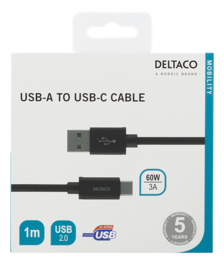 USB-A - USB-C-kaapeli, 1 M, USB 2.0, Punottu, Musta