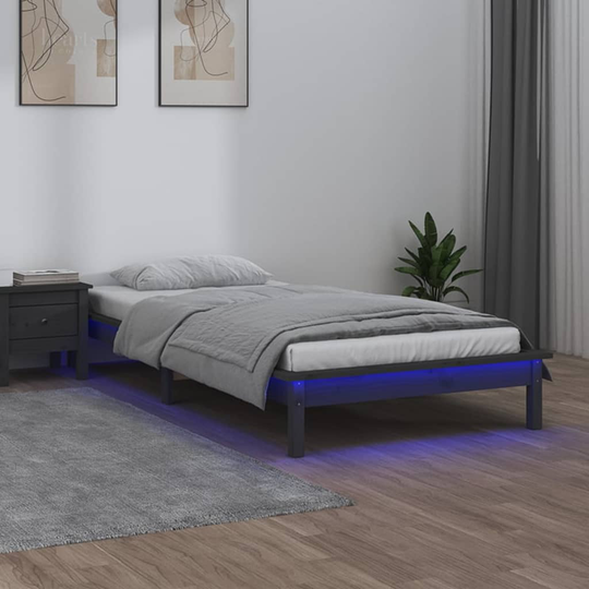 vidaXL Sängynrunko LED-valoilla harmaa 100x200 cm täysi puu