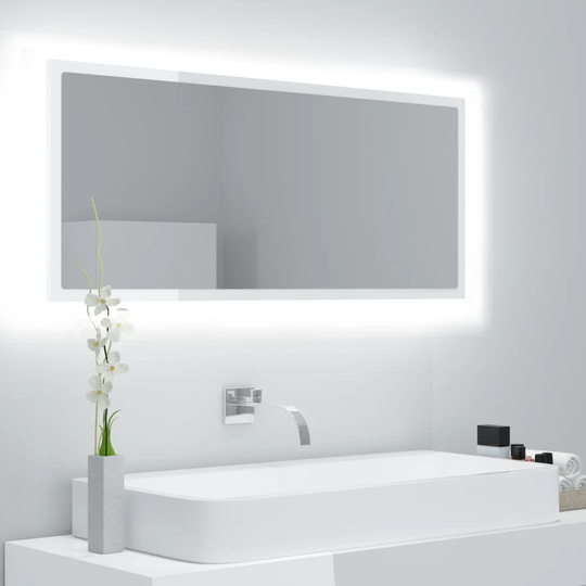 vidaXL LED-kylpyhuonepeili korkeakiilto valk. 100x8,5x37 cm akryyli