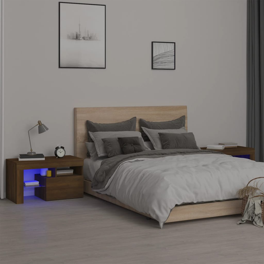 vidaXL Yöpöydät 2 kpl LED-valoilla ruskea tammi 70x36,5x40 cm