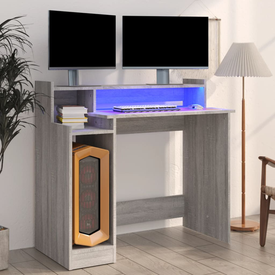 vidaXL Työpöytä LED-valoilla harmaa Sonoma 97x45x90 cm tekninen puu