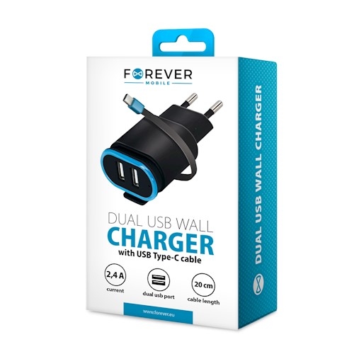 Forever TC-02 kaksipaikkainen USB Laturi kiinteällä USB C kaapelilla 2 4A