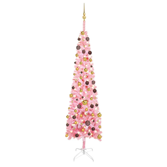 vidaXL Ohut joulukuusi LED-valoilla ja palloilla pinkki 240 cm