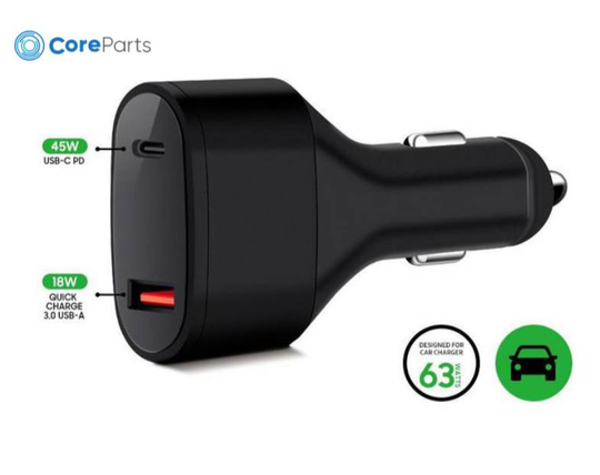 CoreParts USB-C Autolaturi 63W 5V 5V 2A - 20V 2.2A