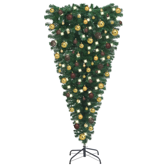 vidaXL Tekokuusi ylösalainen LED-valoilla ja palloilla 180 cm