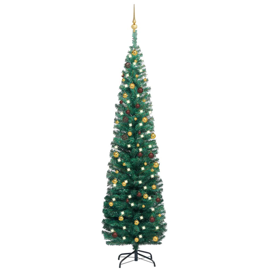 vidaXL Ohut tekojoulukuusi LED-valoilla ja palloilla vihreä 210 cm