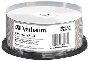 BD-R Double Layer, Wide Inject Printable No ID 25p Spindle