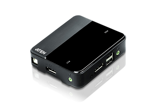 KVM-kytkin, 1 Konsoli Ohjaa 2 Tietokonetta, DisplayPort, USB, 3,5mm, UHD, 1,8m, Musta