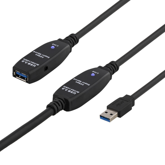PRIME Aktiivinen USB 3.0-jatkokaapeli, Aktiivinen Tyyppi A Uros - Naaras, 15m, Musta