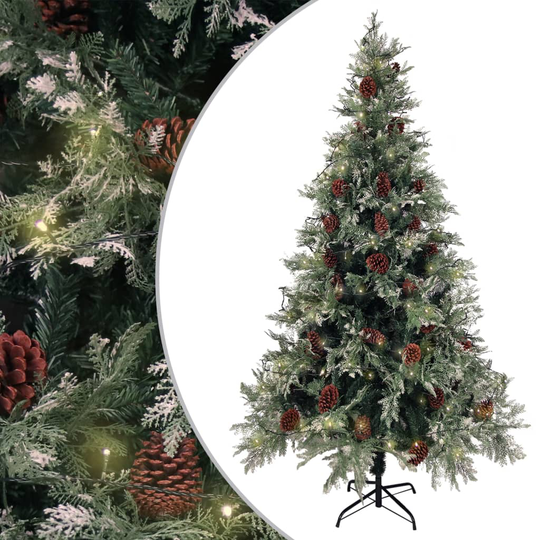 vidaXL Tekojoulukuusi LED ja kävyt vihreä/valkoinen 195 cm PVC ja PE