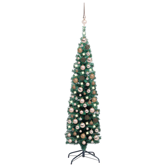 vidaXL Ohut tekojoulukuusi LED-valoilla ja palloilla vihreä 150 cm