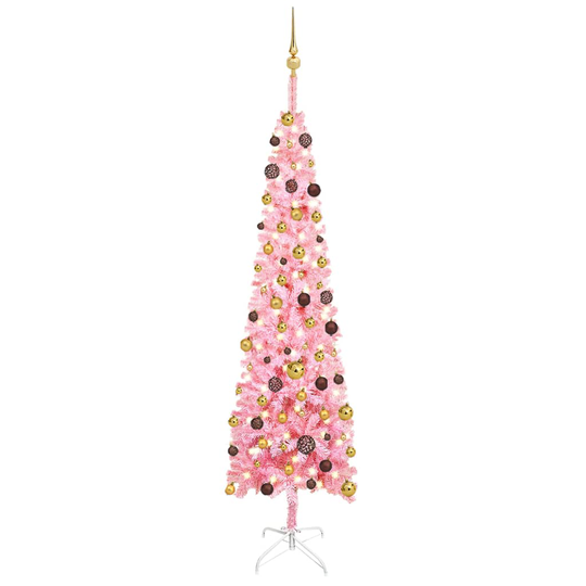 vidaXL Ohut joulukuusi LED-valoilla ja palloilla pinkki 210 cm
