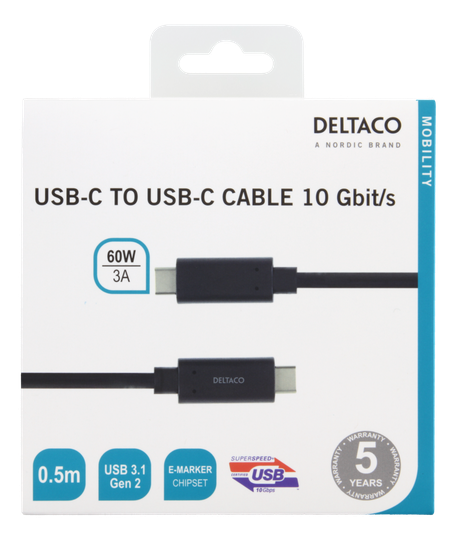 USB-C-kaapeli, 0,5 M, 60 W USB PD, 10 Gbps, Musta