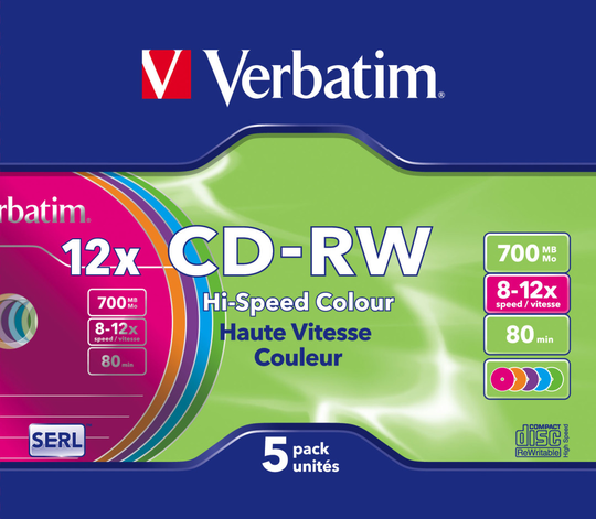 CD-RW, 12x, 700 MB / 80 Min, 5-pack Slim Case, SERL, Colored