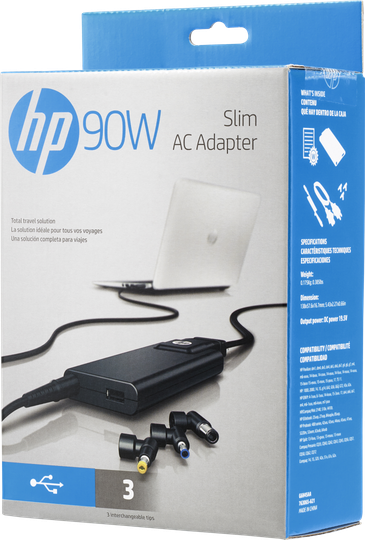 90W Slim Power Adapter, 3 Tips, USB, Black