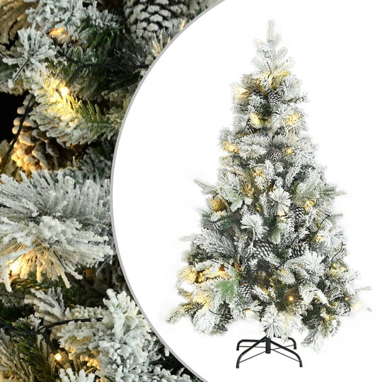 vidaXL Tekojoulukuusi lumihuurre / LED-valot / kävyt 120 cm PVC ja PE