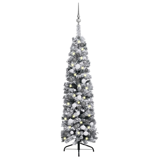vidaXL Kapea tekojoulukuusi LED, pallot ja lumihuurre vihreä 120 cm