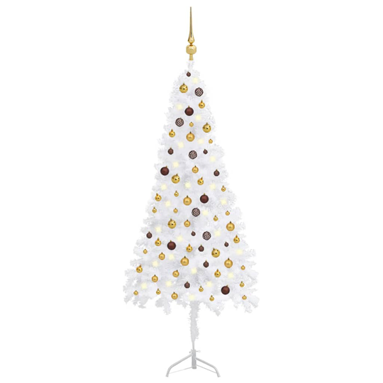 vidaXL Kulmaan asetettava tekojoulukuusi LED-valot/pallot valk. 210 cm