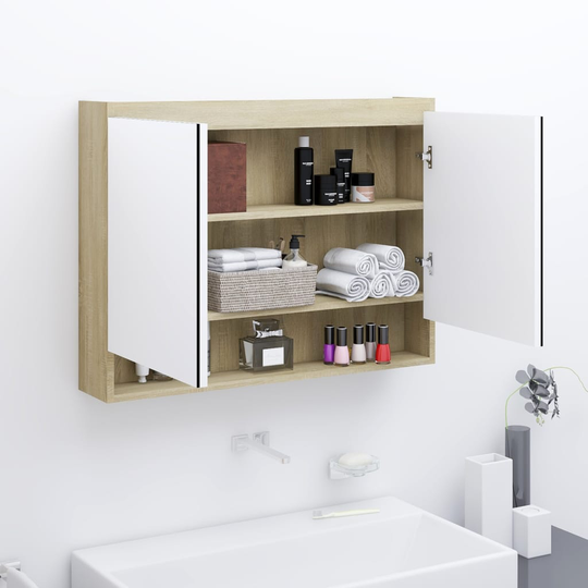 vidaXL LED kylpyhuoneen peilikaappi 80x15x60 cm MDF valkoinen ja tammi