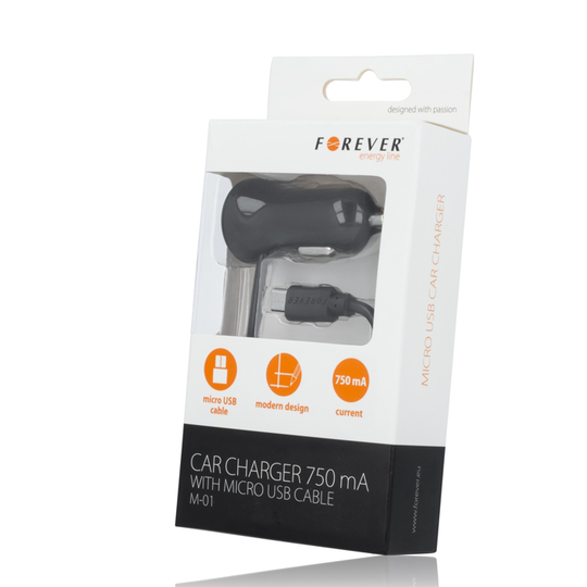 Forever USB-autolaturi M-01 750 mA Micro-USB-latauskaapelilla musta