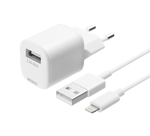 USB-A-seinälaturi, Sis. USB-A - Lightning-kaapelin, 1 M, Valkoinen