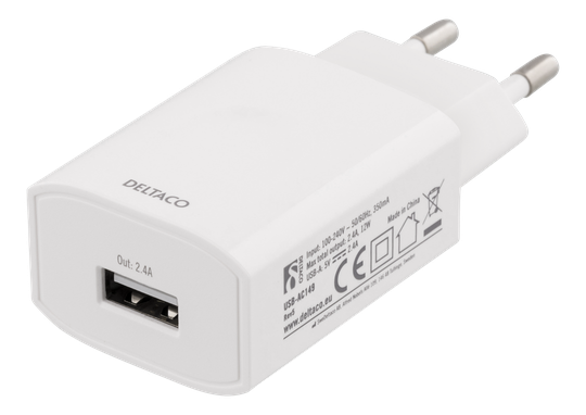 Seinälaturi 230 V - 5 V USB, 2,4 A, 12 W, 1 USB-A-portti, Valkoinen