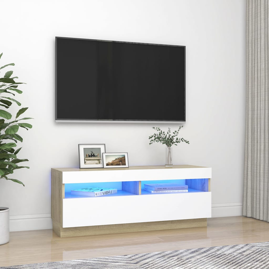 vidaXL TV-taso LED-valoilla valkoinen ja Sonoma-tammi 100x35x40 cm