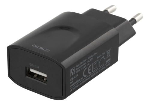 Seinälaturi, 100 - 240 V - 5 V USB, 2,4 A, 12 W, 1 USB-A-portti, Musta