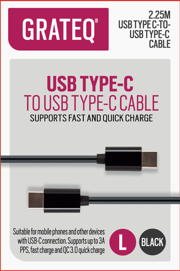 GRATEQ USB C - USB C LATAUSKAAPELI QUICK 2.25M MUSTA