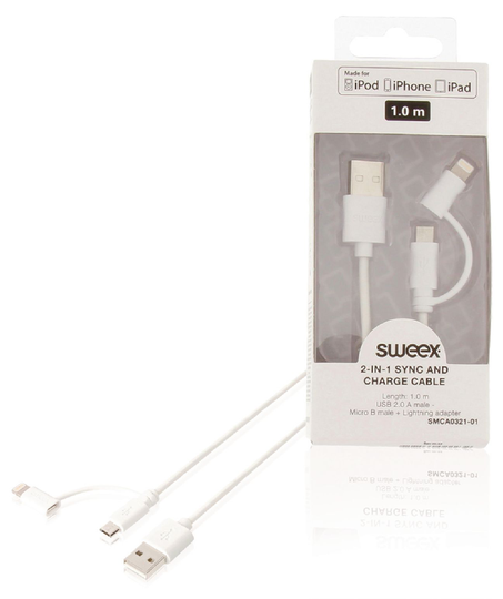 2-in-1-synkronointi- ja latauskaapeli USB 2.0 A -urosliitin - Micro B -urosliitin Lightning-sovitin liitettynä 1 00 m valkoinen