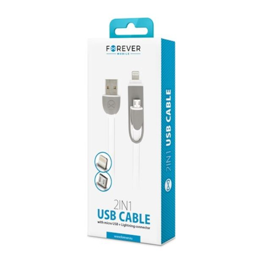 Forever USB 2in1 micro USB + Lightning latauskaapeli valkoinen